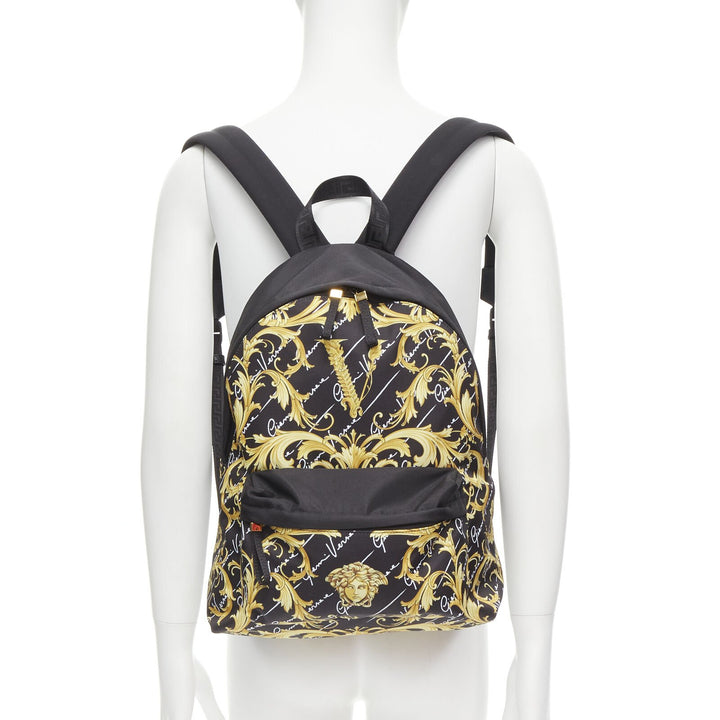 VERSACE Gianni Signature black gold Barocco Virtus Medusa nylon backpack bag