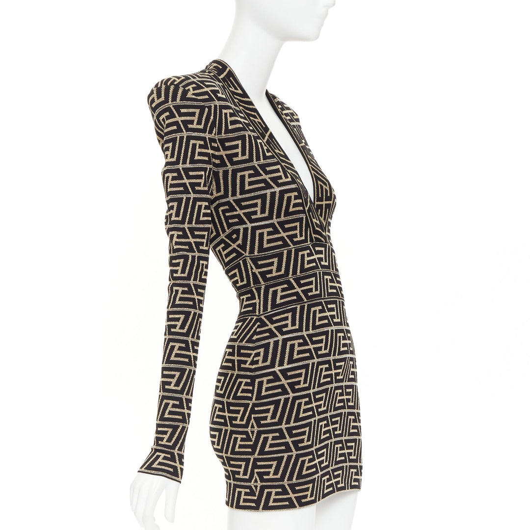 BALMAIN Monogram Knit Dress gold black geometric metallic brocade jersey dress