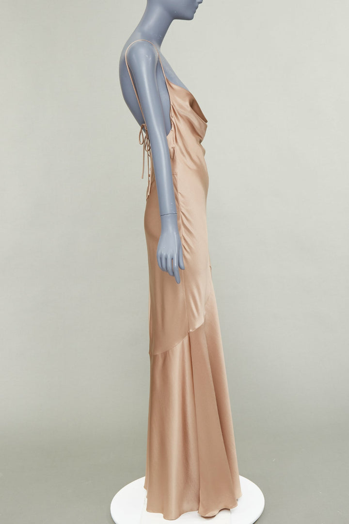 SAINT LAURENT 2023 rose bronze silk satin draped cowl slip dress gown FR40 L