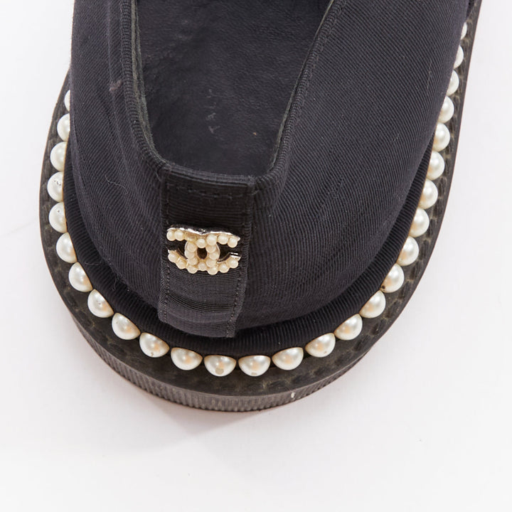 CHANEL black monochrome fabric faux pearl lace up derbies EU37.5