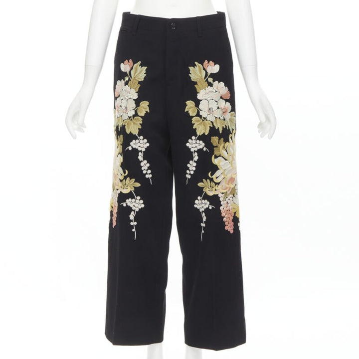 GUCCI 2017 black wool chrysanthemum floral embroidery wide leg trousers IT38 XS