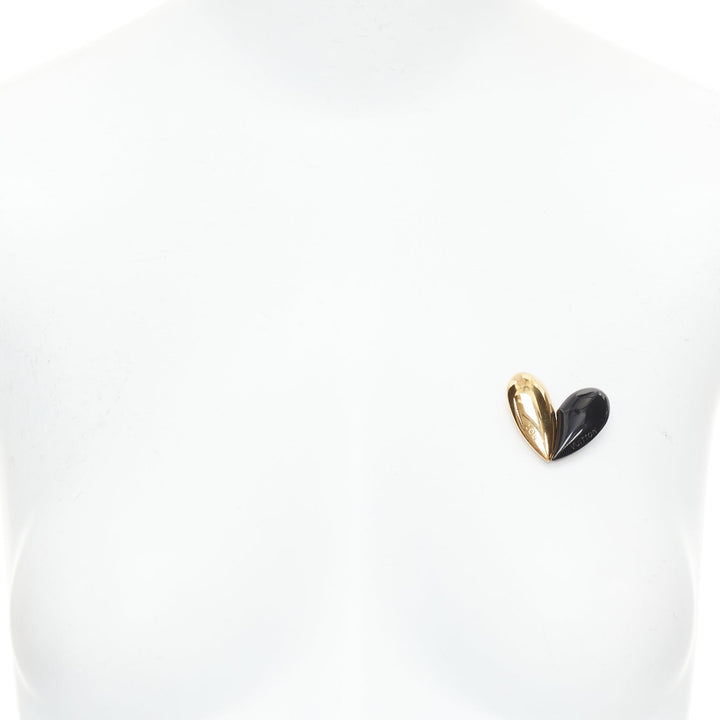 LOUIS VUITTON black gold embossed logo split heart pin brooch