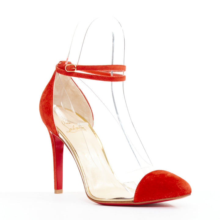 CHRISTIAN LOUBOUTIN Un Bout 100 Veau Velours mandarin red PVC pump EU37.5