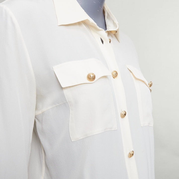 BALMAIN cream 100% silk gold buttons pocketed military blouse FR36 S