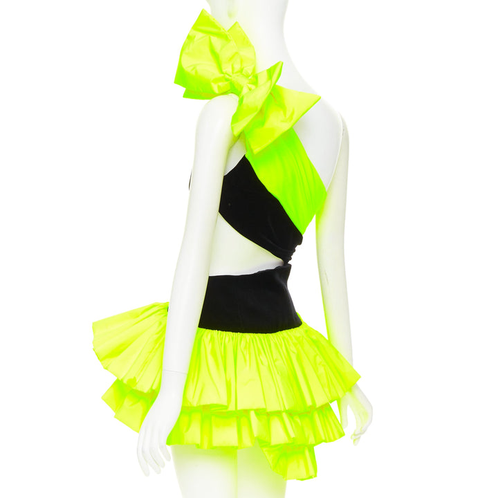 rare ALEXANDRE VAUTHIER SS2023 Runway neon yellow black velvet cut out dress