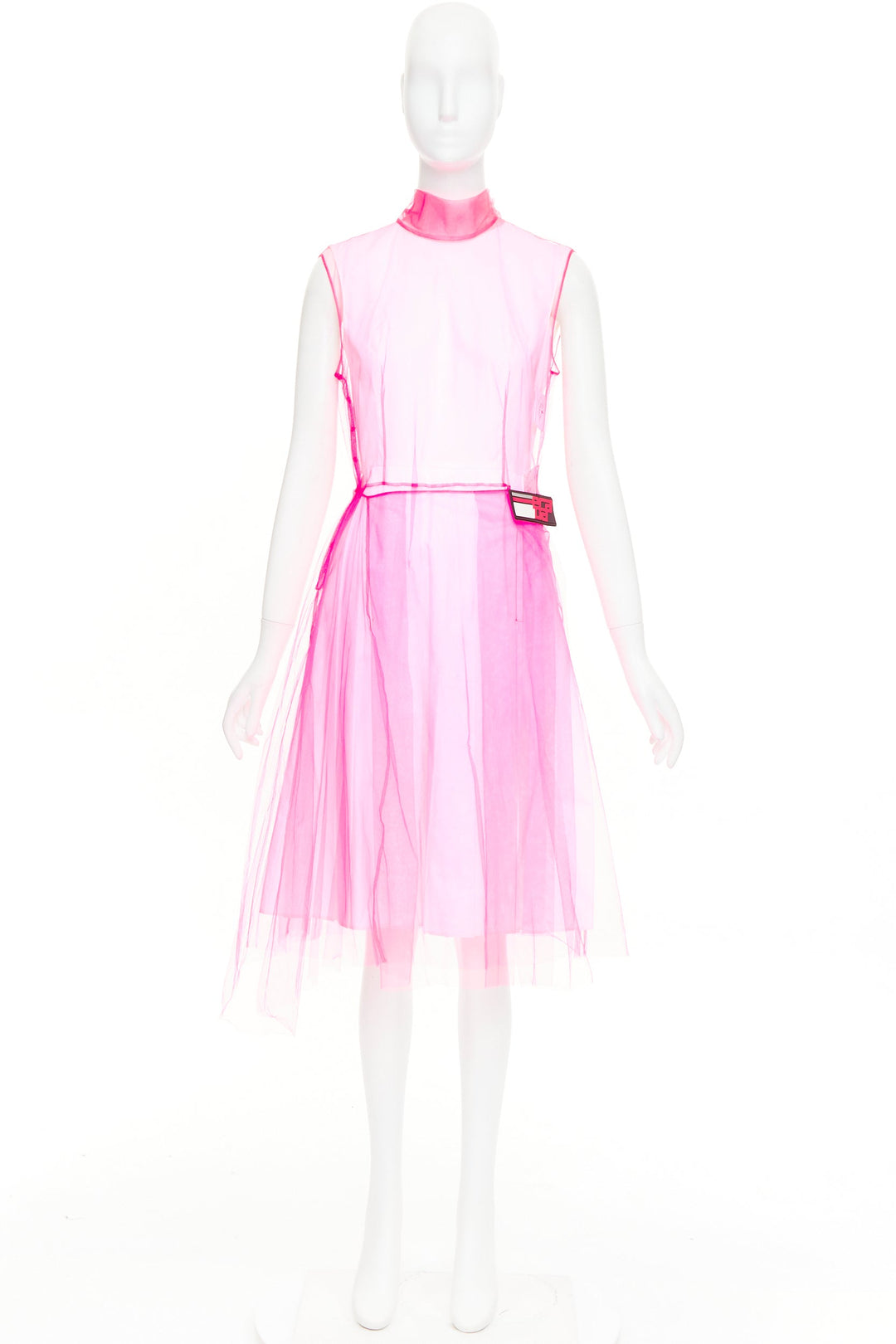 PRADA 2018 Runway Neon Technical  Tulle Abito pink rubber logo dress IT38 XS