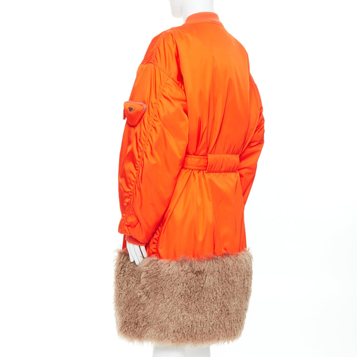 PRADA 2022 Raf Simons Runway orange faux fur hem belted bomber coat M