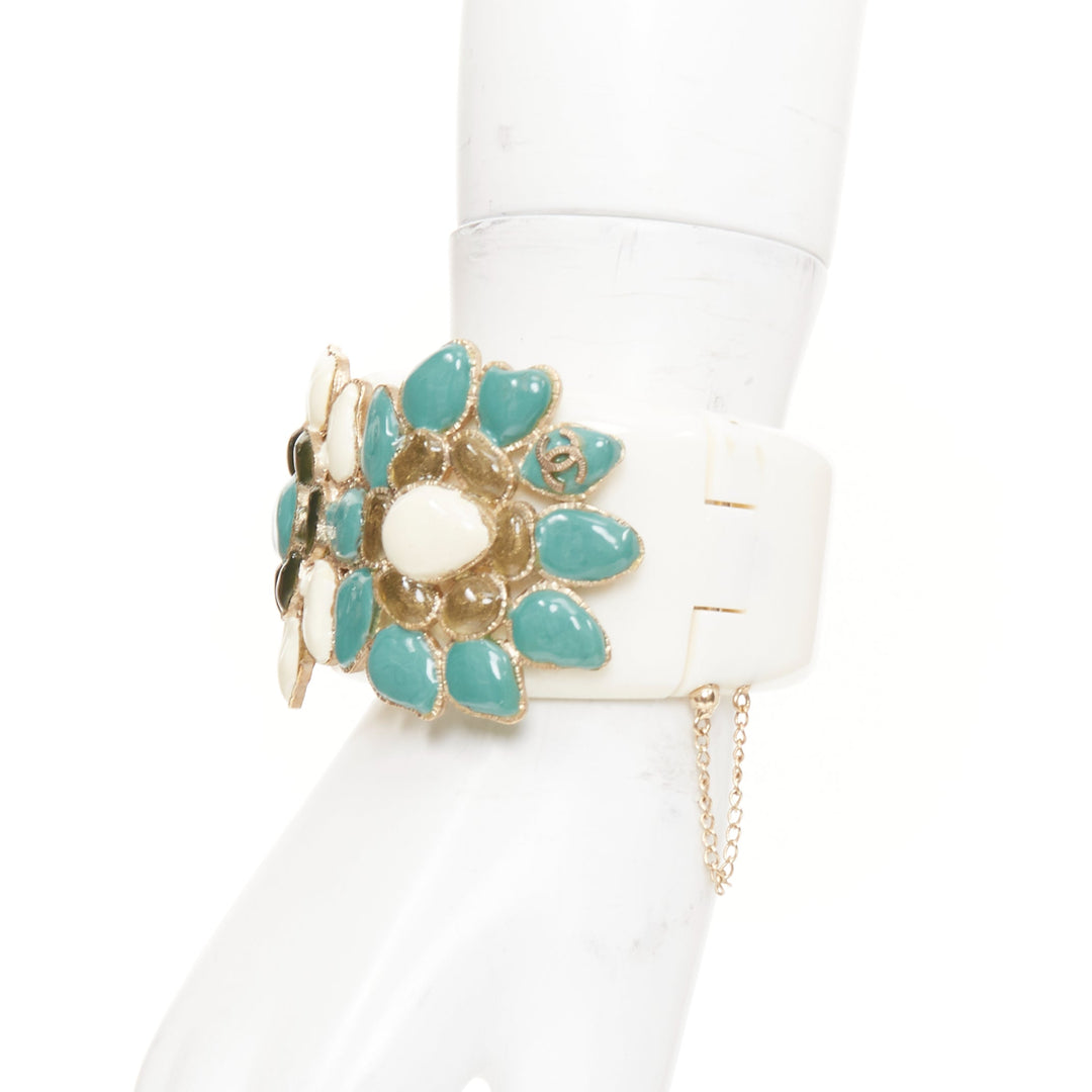 CHANEL 2014 Paris-Dubai floral gripoix cream teal black CC flowers cuff bangle