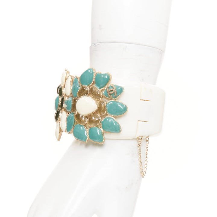 CHANEL 2014 Paris-Dubai floral gripoix cream teal black CC flowers cuff bangle