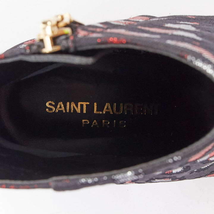 SAINT LAURENT silver red black jacquard YSL gold logo booties EU38