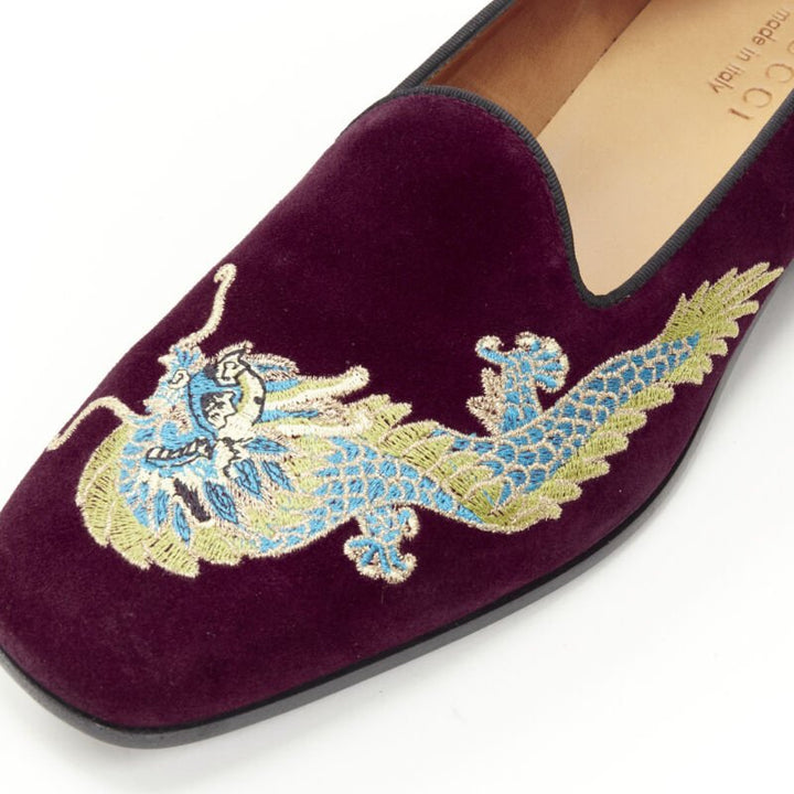 GUCCI Oriental Dragon embroidered burgundy suede laofer UK7 US8 EU41
