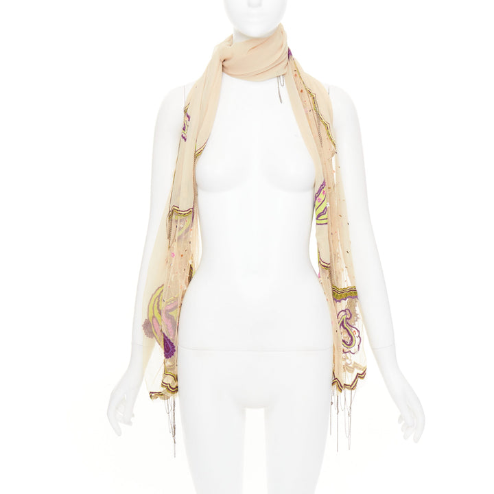 ETRO nude mesh green purple embroidered embellished beaded chain scarf
