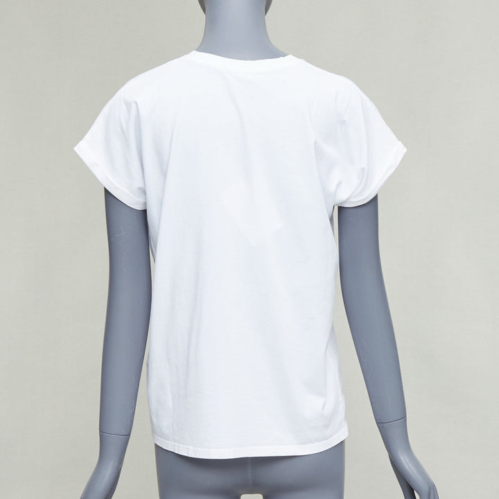 BALMAIN white cotton black logo felt print cap roll sleeve tshirt XS