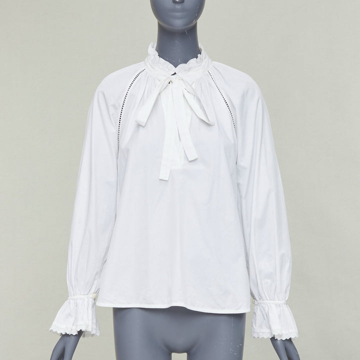 LEE MATHEWS white cotton ruffle lace trim peasant blouse Sz.1 XS
