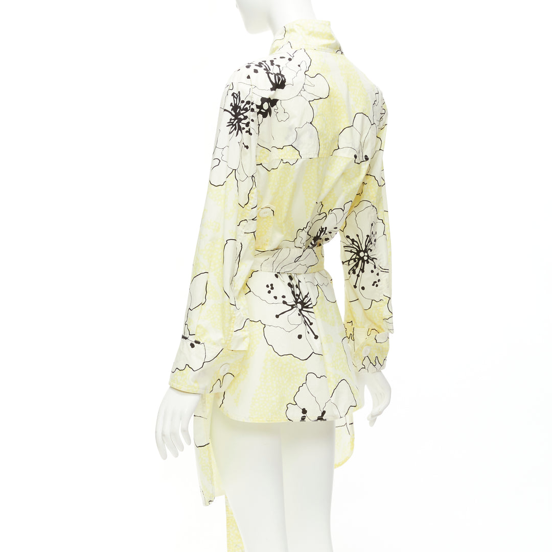 MARNI yellow white 100% cotton floral print belted cowl neck dress IT36 XXS