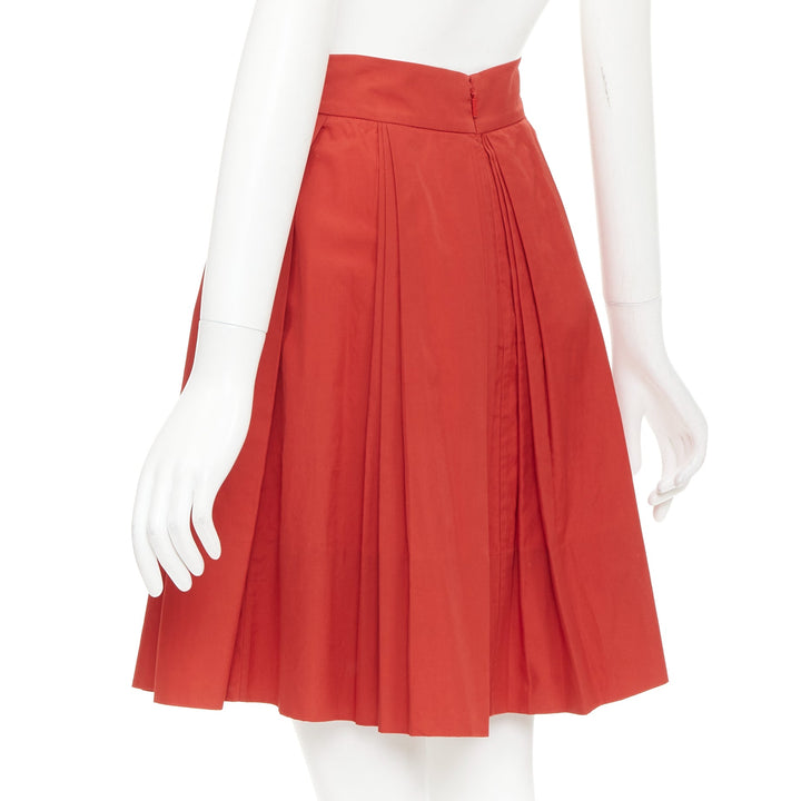 GUCCI 2007 Vintage brick red coton poplin pleated high waist knee skirt IT 38 M
