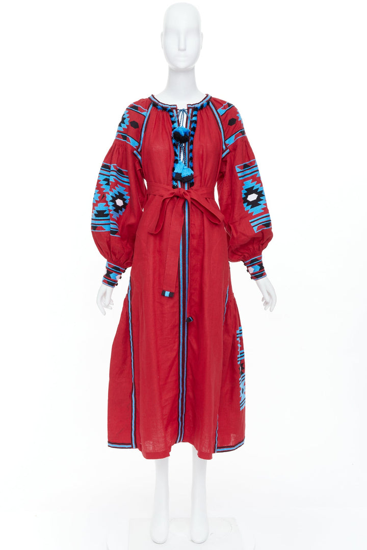 VITA KIN red linen blue folk ethnic embroidery boho peasant kaftan dress S/D
