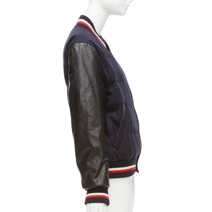 MONCLER GAMME BLEU navy wool leather sleeves goose down bomber jacket Sz2 M