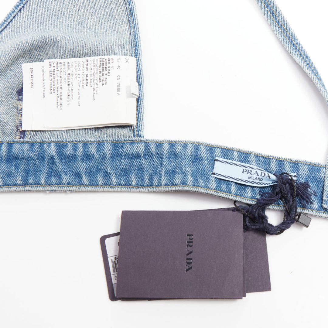 PRADA 2021 Organic Denim Bralette blue washed triangle logo plunge top IT40 S