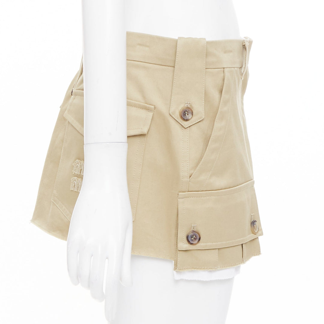 MIU MIU 2022 Runway chino low rise frayed micro mini skirt IT42 M Hailey Bieber