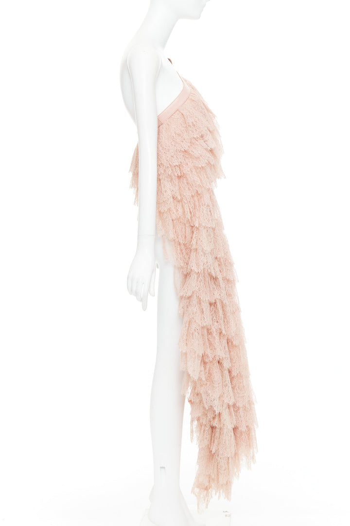 ALEXANDER MCQUEEN 2007 Runway pink lace leather cascade drape ruffle top IT38 XS