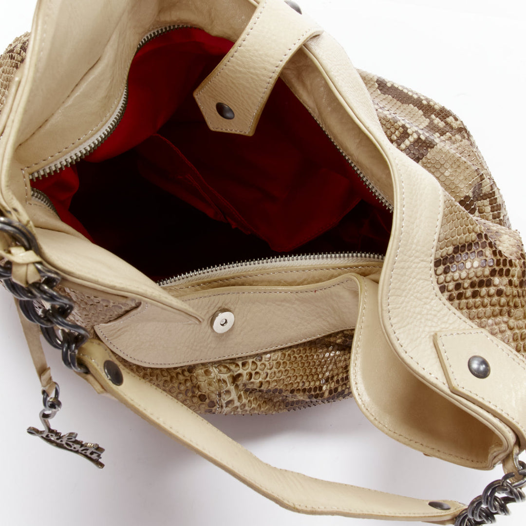 CHRISTIAN LOUBOUTIN beige khaki scaled leather biker zip chain hobo bag