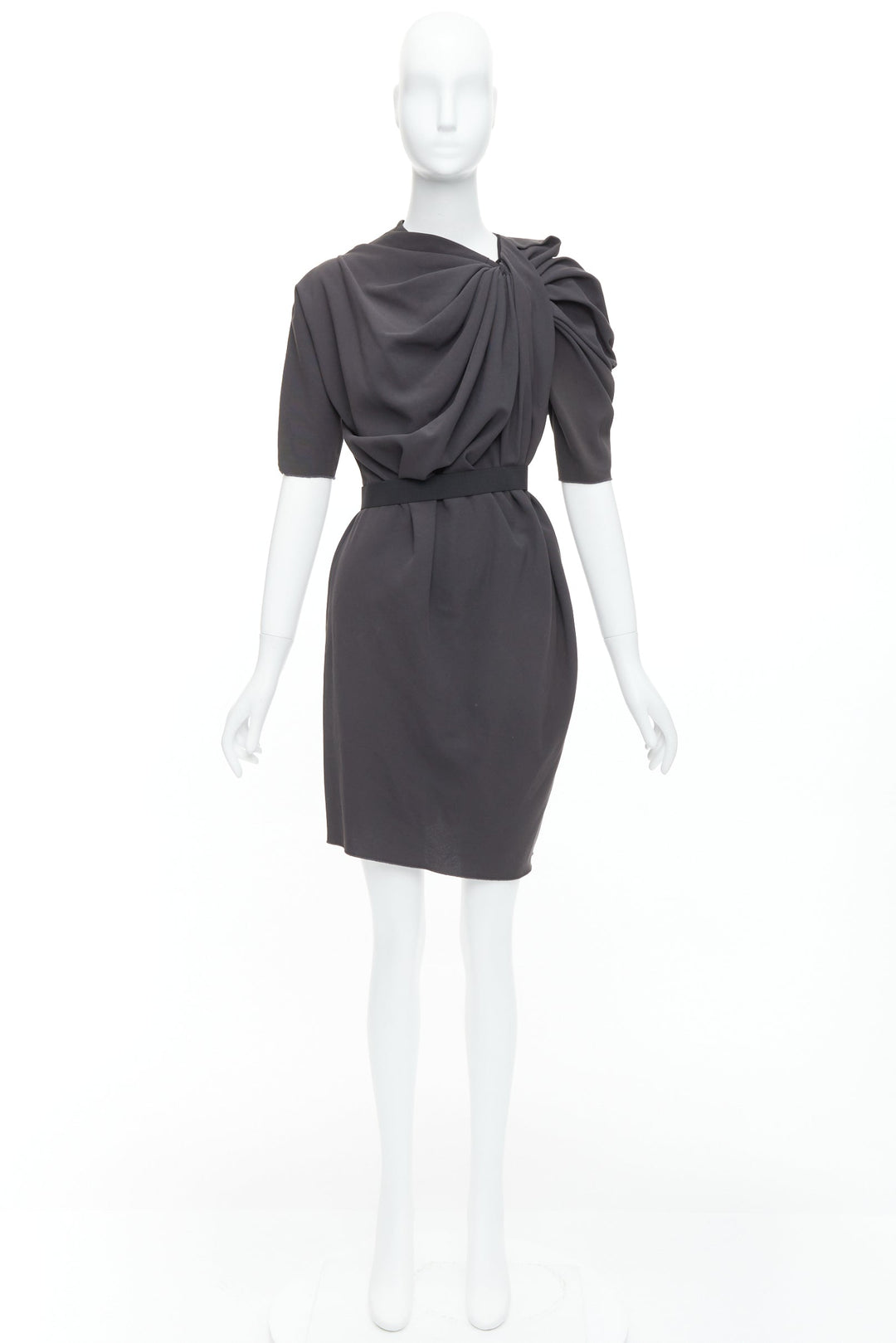 LANVIN 2009 grey asymmetric draped gathered belted dress FR34 XS