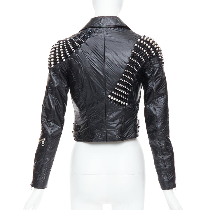 NOIR KEI NINOMIYA 2014 black faux leather pearl bead cropped jacket S