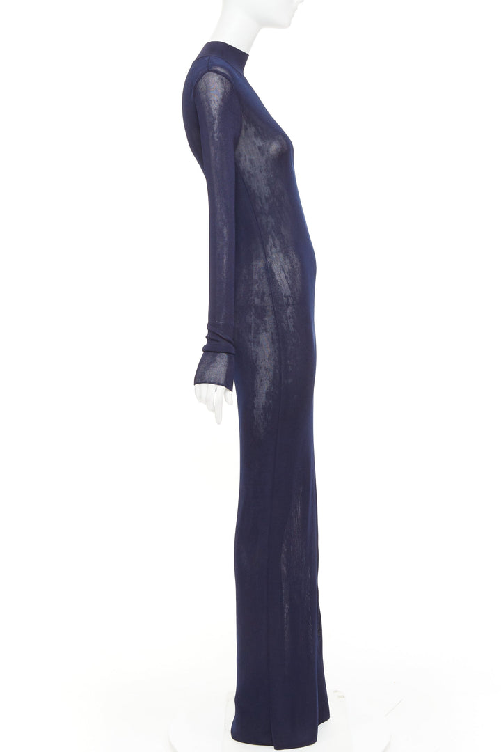 SAINT LAURENT 2023 Runway navy blue fine viscose mesh turtleneck sheer dress S