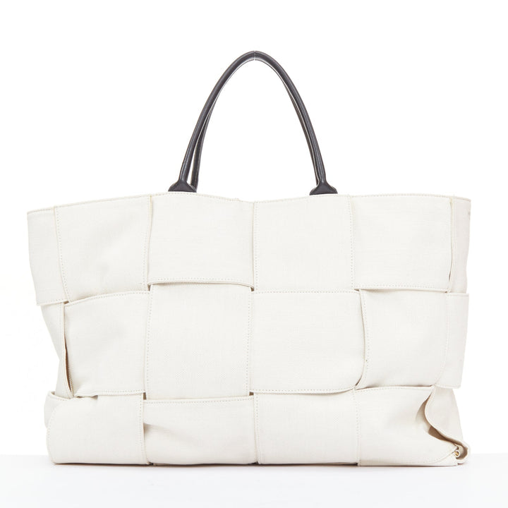 BOTTEGA VENETA Large Arco Intrecciato weave off white canvas black leather tote