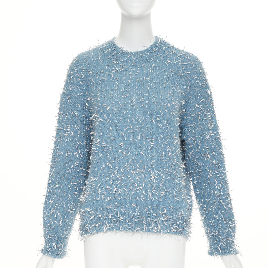 MSGM 2023 misty blue silver metallic foil speckle crewneck sweater XS