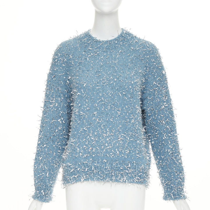 MSGM 2023 misty blue silver metallic foil speckle crewneck sweater XS