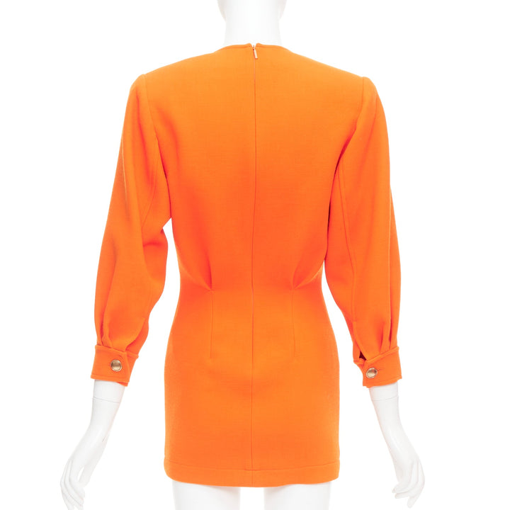 SAINT LAURENT 2022 Runway orange wool grain de poudre power mini dress FR34 XS