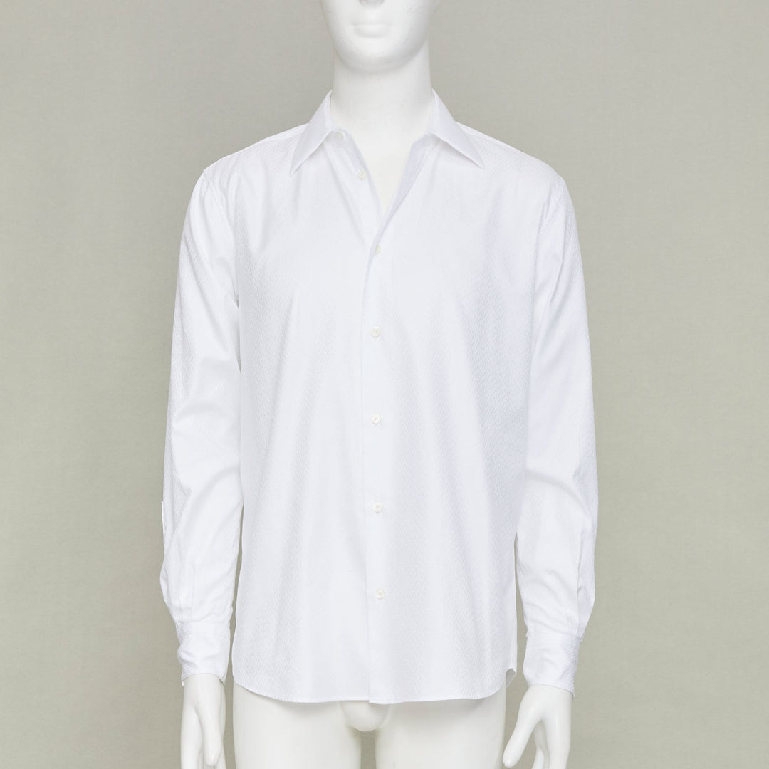 HERMES white dress tonal geometric jacquard cotton luxury button down top EU38 S