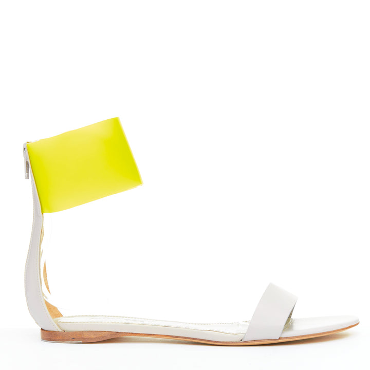 JIL SANDER neon yellow rubber ankle strap grey leather flat sandals EU37