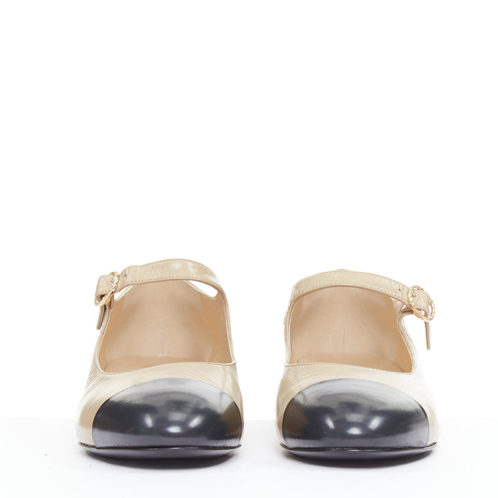 CHANEL 2024 beige leather black cap toe CC block heel mary jane flats EU39.5