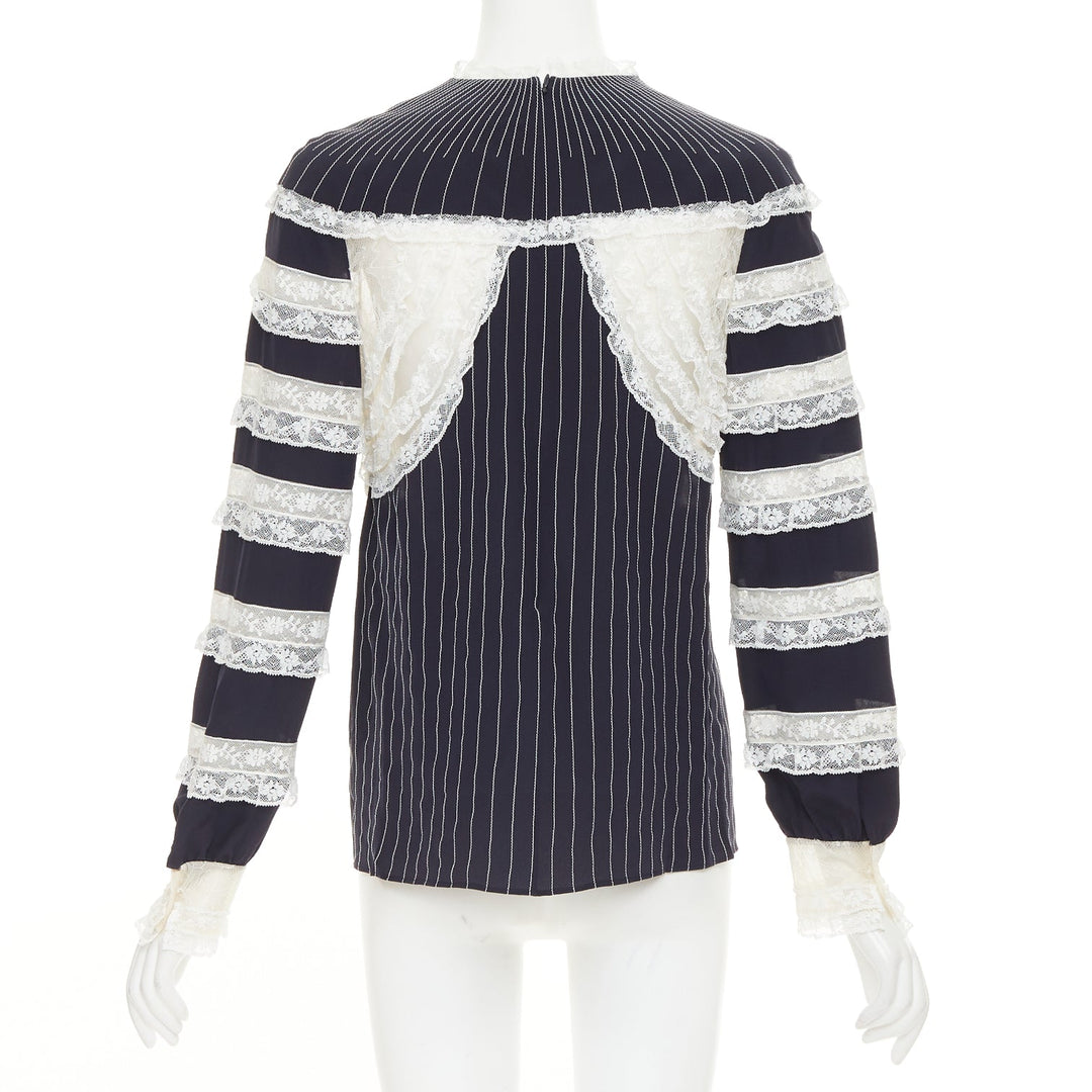 VALENTINO 2015 navy cream 100% silk pinstripe floral lace panelled top IT42 M