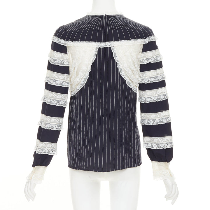 VALENTINO 2015 navy cream 100% silk pinstripe floral lace panelled top IT42 M