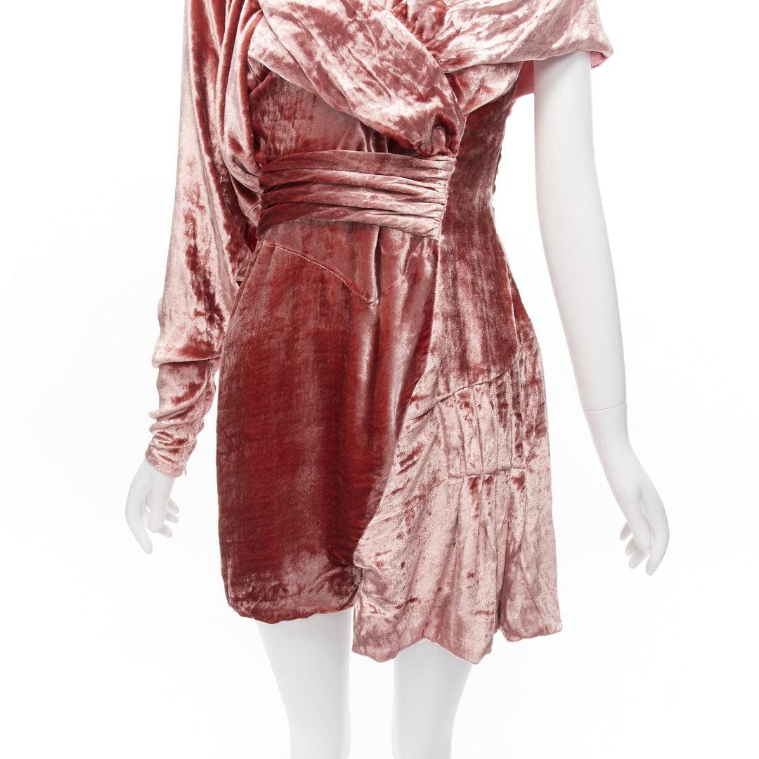 MICHAEL VAN DER HAM Runway pink velvet asymmetric wrap draped mini dress UK8 S