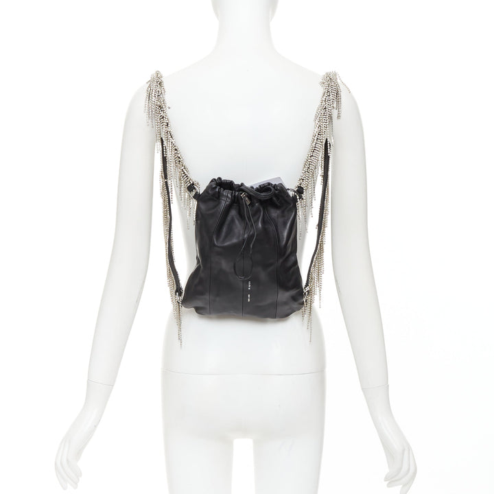 KARA black leather white logo strass fringe crystal mini backpack bag