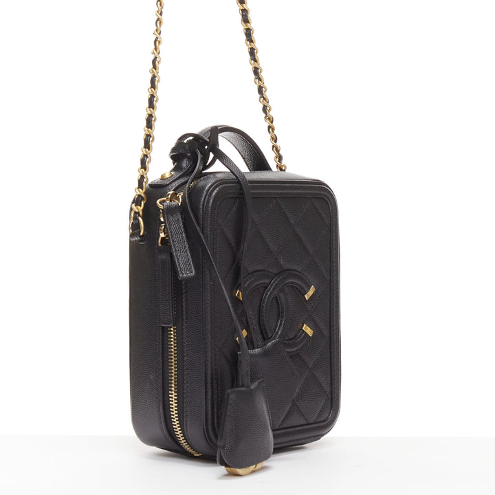 CHANEL N/S Vanity Vertical black filigree gold CC logo small crossbody bag