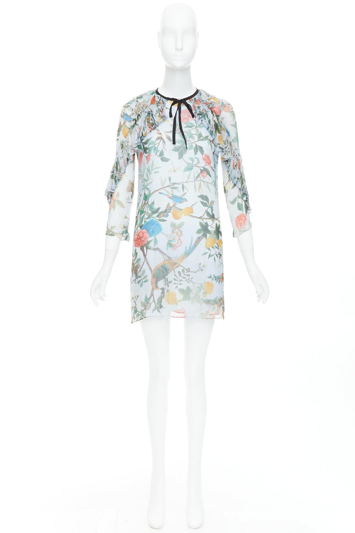 GUCCI 2015 Tian Bloom print 100% silk black ribbon trim dress IT36 XXS