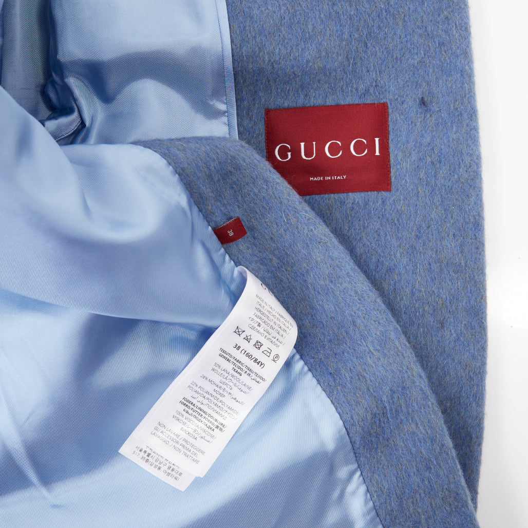 GUCCI 2024 Runway blue mohair wool back button open vent flared coat IT38 S