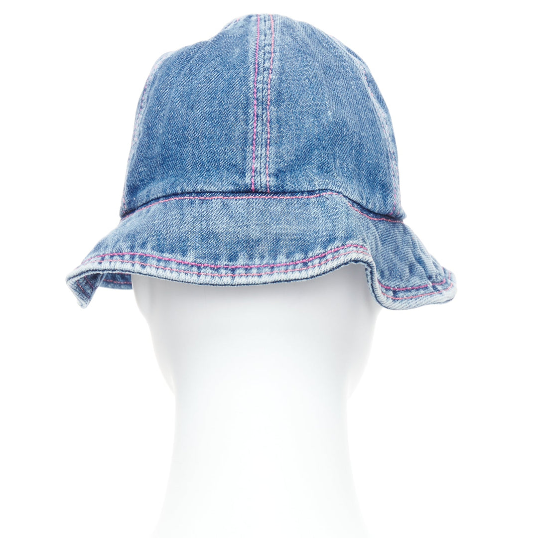 CHANEL 2022 washed blue denim silver CC logo red topstitch bucket hat M