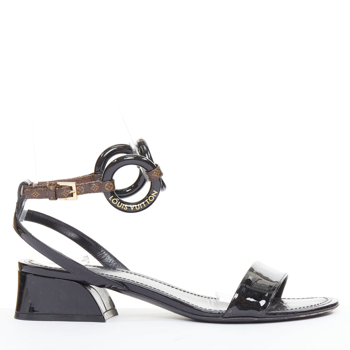 LOUIS VUITTON Vedette black patent brown LV monogram logo sandals EU38