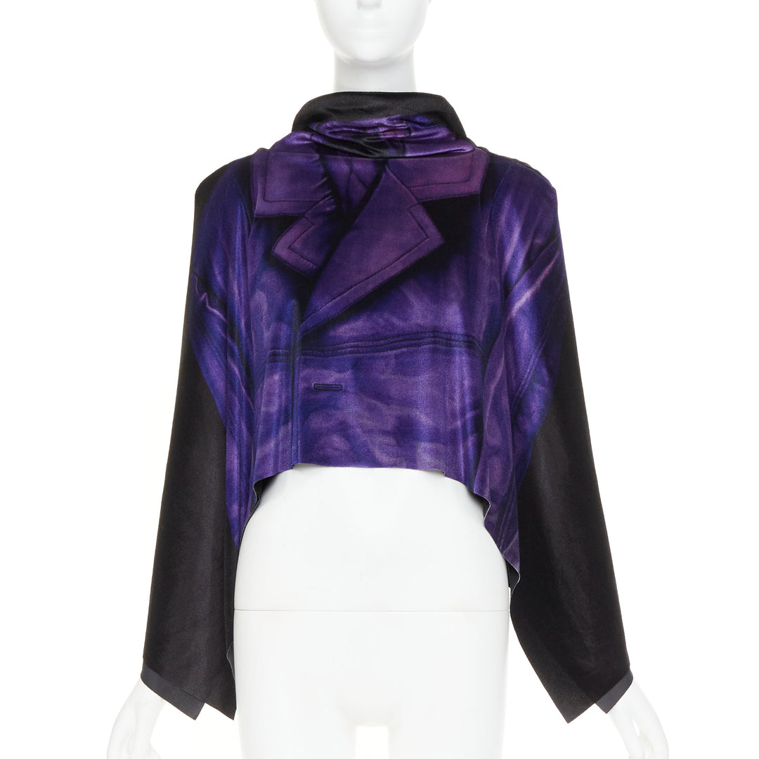 LOEWE 2022 Runway black purple Trompe Loeil print open draped cape top FR36 S