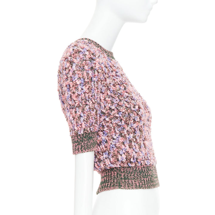 CHANEL 2015 pink green textured boucle knit CC resin crop sweater FR34 XS