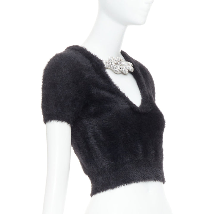 ALEXANDER WANG Crystal Knot black fuzzy V0-neck cropped sweater XS