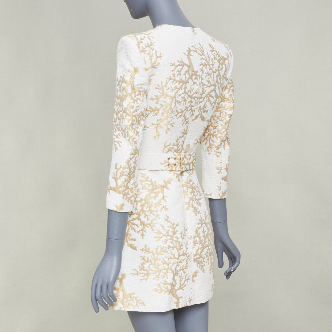 ANDREW GN 2022 Runway Coral Jacquard white gold belted cocktail dress FR34 XXS