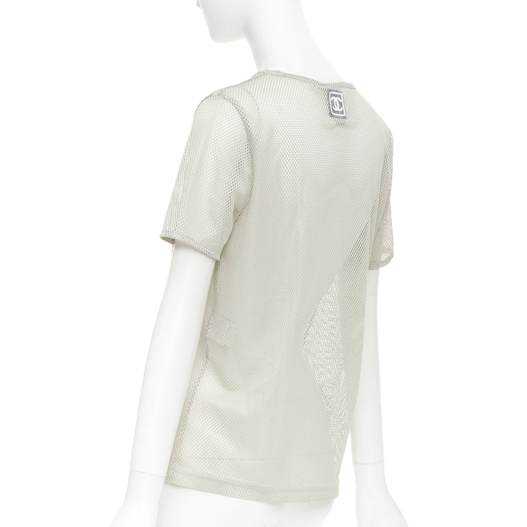 CHANEL SPORTS 03P Vintage grey sheer mesh silver CC logo split neck top FR40 L